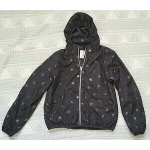 H&M jqcket windbreaker removable hood 11/12y black stars GUC